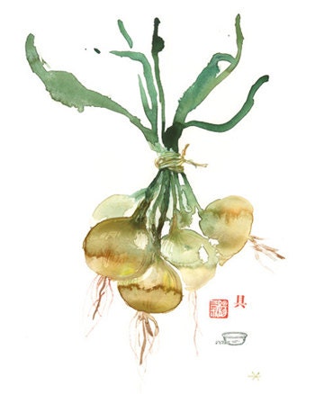 Vegetable print Onion poster watercolor Botanical Kitchen art Food illustration Home decor Farmers market Green leaves
