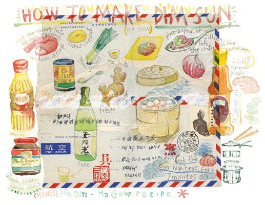 Kitchen art, How to make Dim Sun, Chinese food recipe print, 8X10 poster, asian cooking watercolor illustration