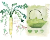 Green tea and japanese vegetable Kitchen art Watercolor Food print large poster Gardening gift flower chartreuse botanical Teapot Home decor