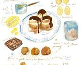 Kitchen art, French cake Profiteroles recipe print, 8X10 Food poster, Chocolate pastry bakery illustration, cooking gourmet Kitchen decor