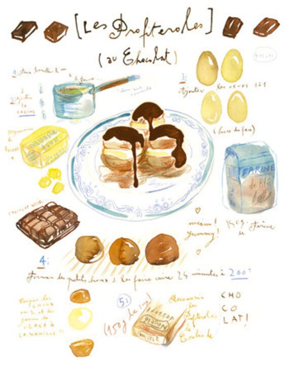 Kitchen art, French cake Profiteroles recipe print, 8X10 Food poster, Chocolate pastry bakery illustration, cooking gourmet Kitchen decor