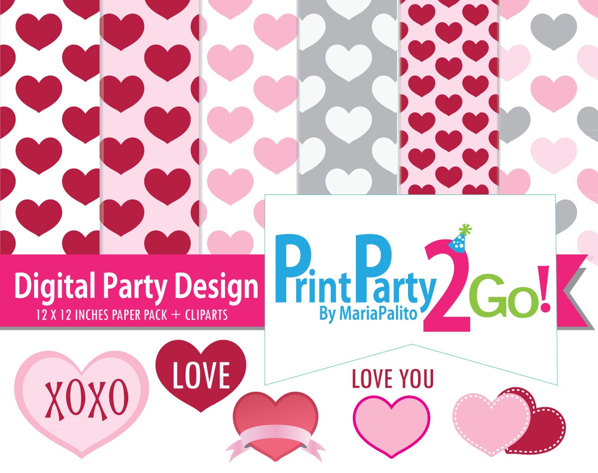 Valentine's day Collection, love hearts Digital paper and Clip art set A495 Il_570xn