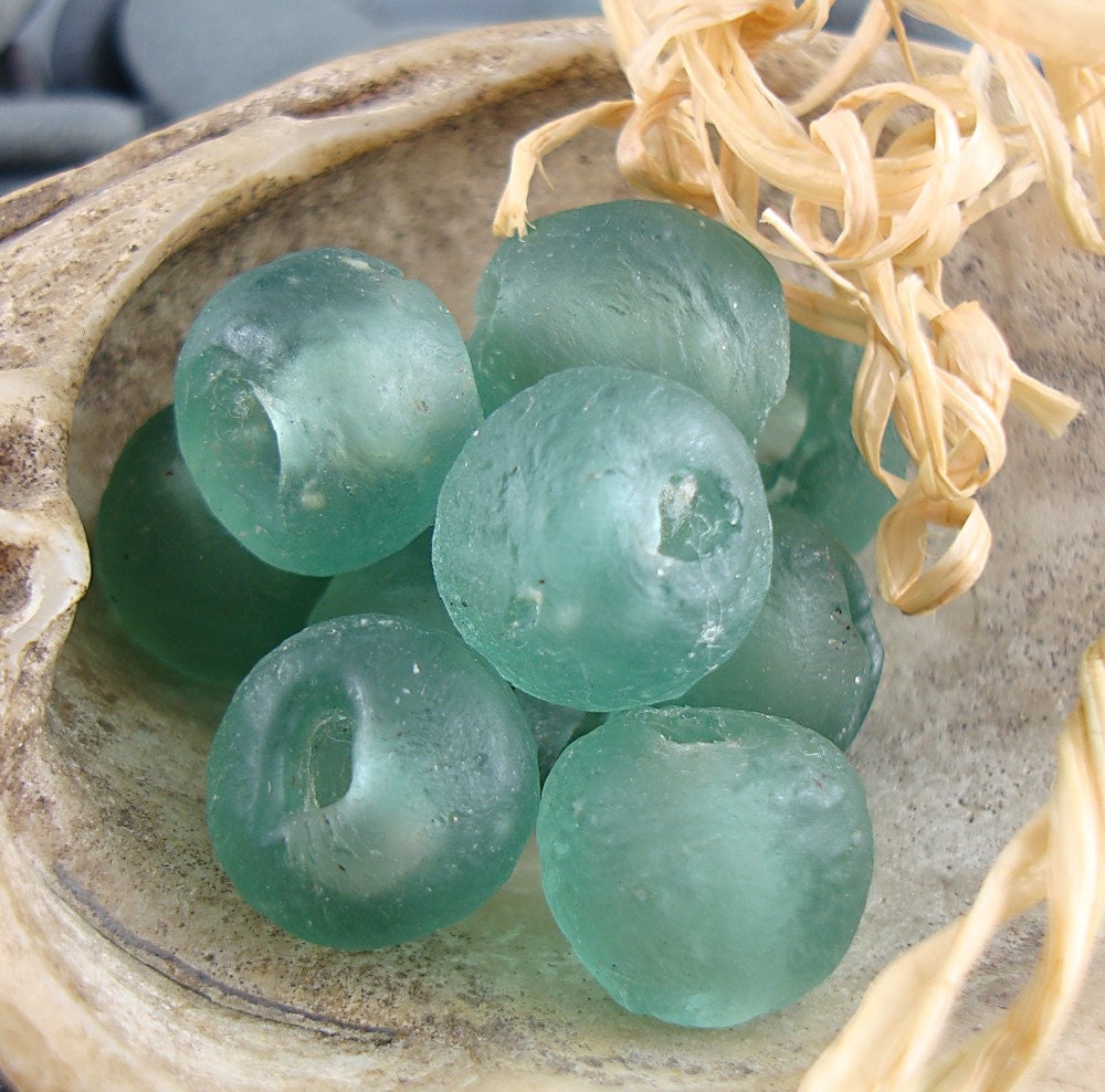 10 African Coke Bottle Colored,  Recycled Glass Beads, Large, Blue Green, Matte Finish, 12mm to 15mm