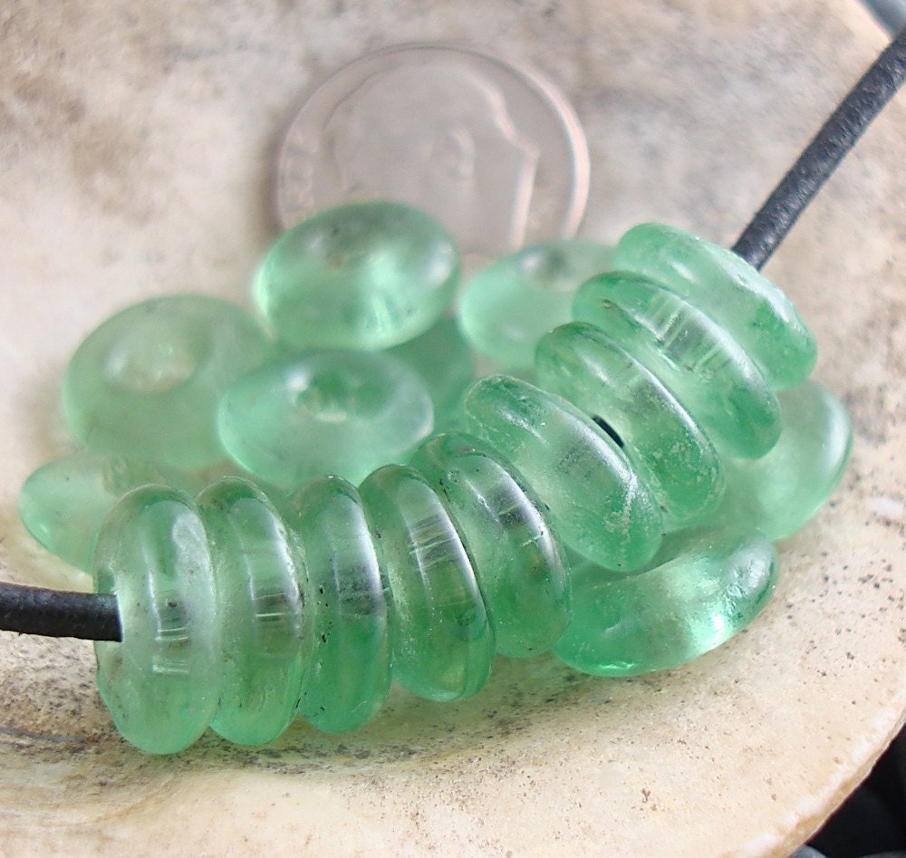 20  African Sea Green Recycled Glass Disk Beads, Inclusions, 11mm to 12mm
