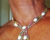 1950's Multi Pastel Color Rhinestones with Milk Glass Fashion Necklace