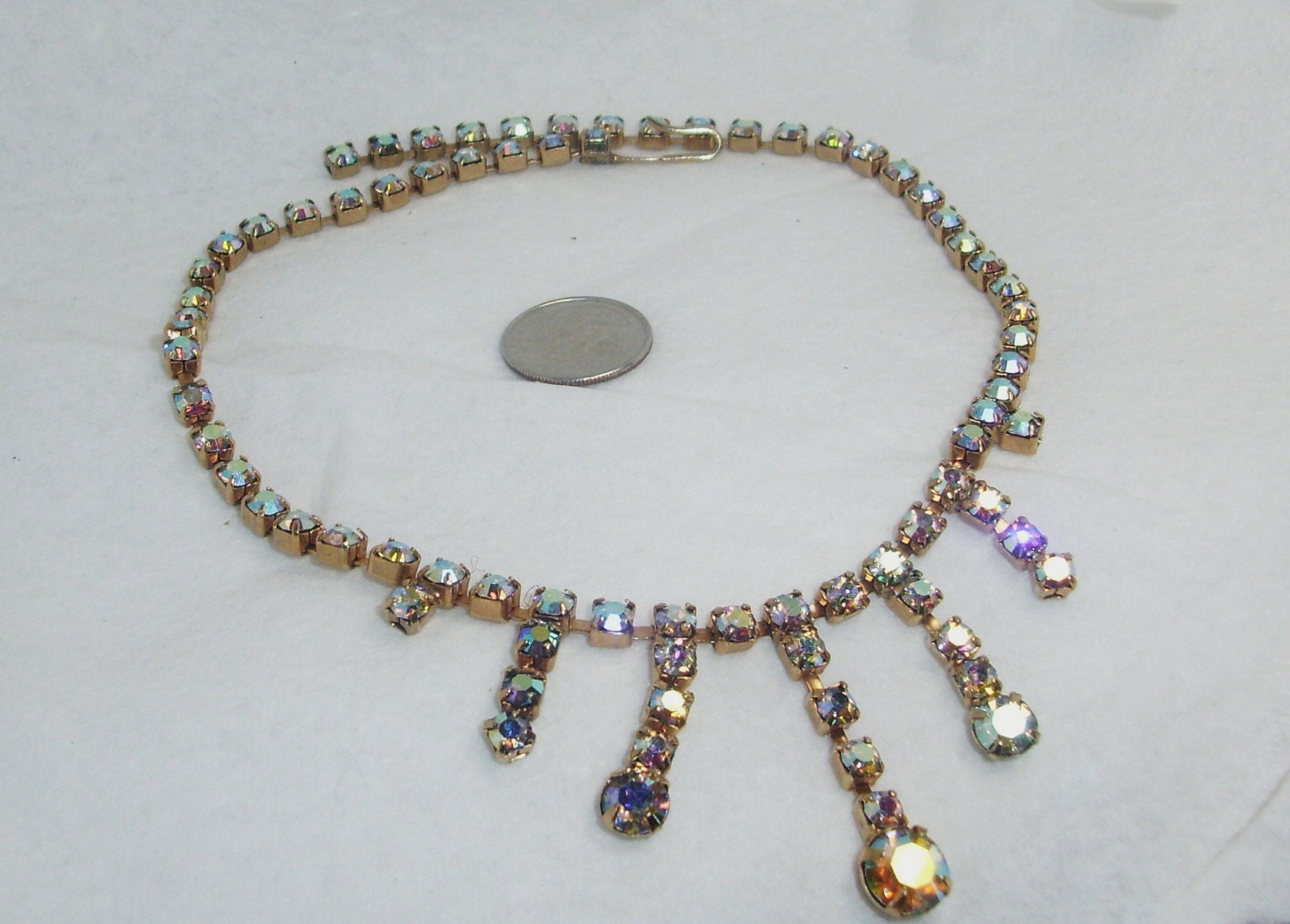 Vintage Couture Gold Toned Aurora Borealis Rhinestone Fashion Necklace