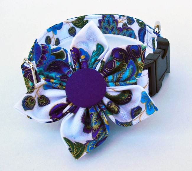 Adjustable Dog Collar Flower Set- Peacock- Made to order.