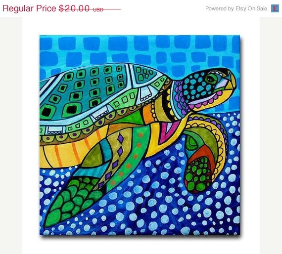 50 OFF SALE - Sea Turtle Folk Art Ceramic Tile - Animal Tile Coaster - Modern Unique Gift Colorful Coaster Modern Art