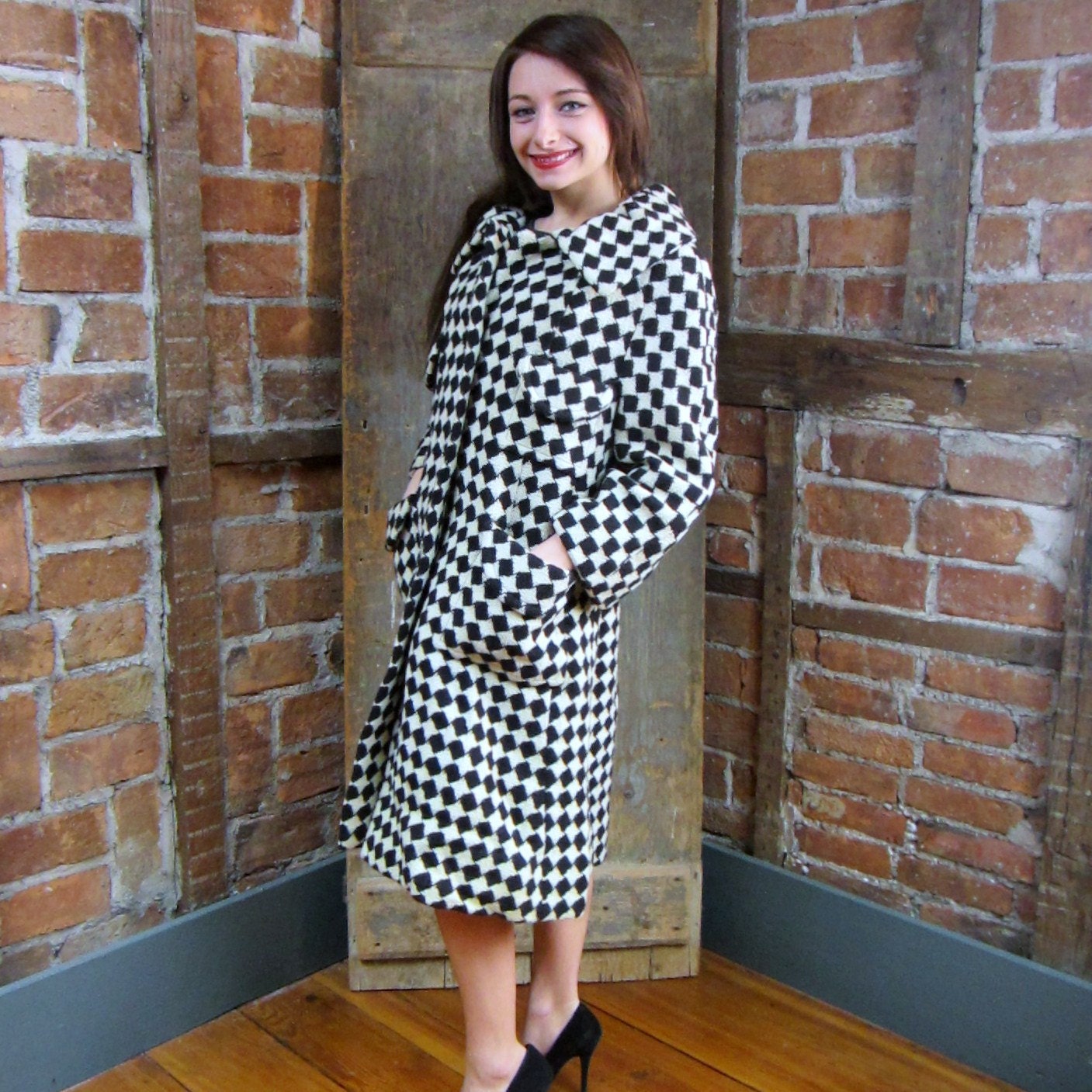 Vintage 1950s Coat / 1960s Stroller Coat / Car Coat / Black and White Checkered Coat