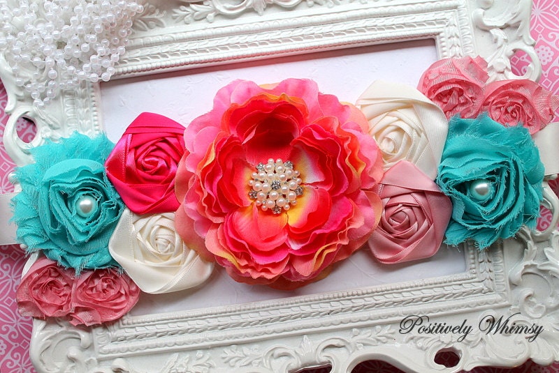 Maternity Sash Baby Girl - Pink, Aqua, Ivory Maternity Sash, Bridal Sash, Belt, Headband, Wedding - Photo prop