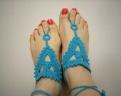 Blue Crochet Barefoot Sandals, Nude shoes, Foot jewelry, Wictorian Lace, Sexy, Yoga, Anklet , Bellydance, Steampunk, Beach Pool