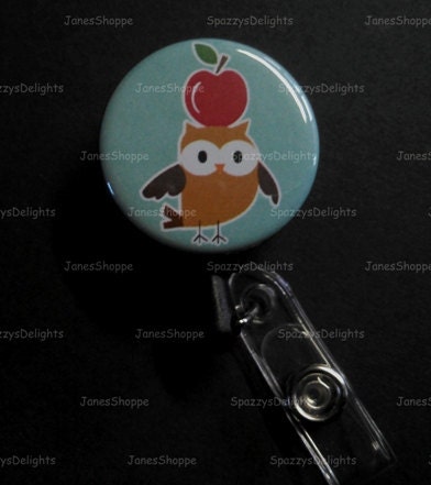 Teacher Owl Apple (Light Blue) ID Button Badge Button Reel.