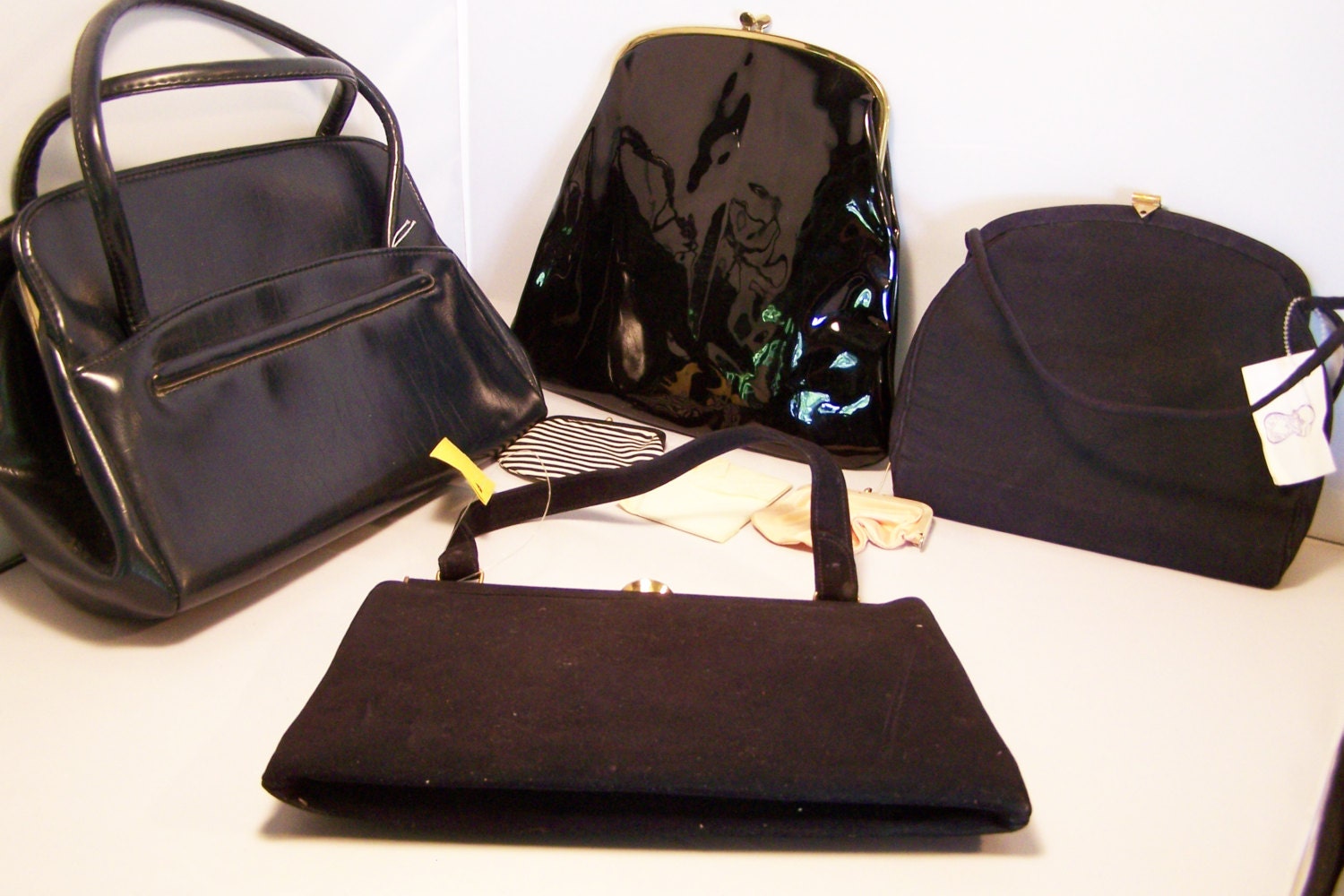 Vintage Lot 4 Women's Black Navy Handbag Purse Clutch Patent Leather Cloth 610z