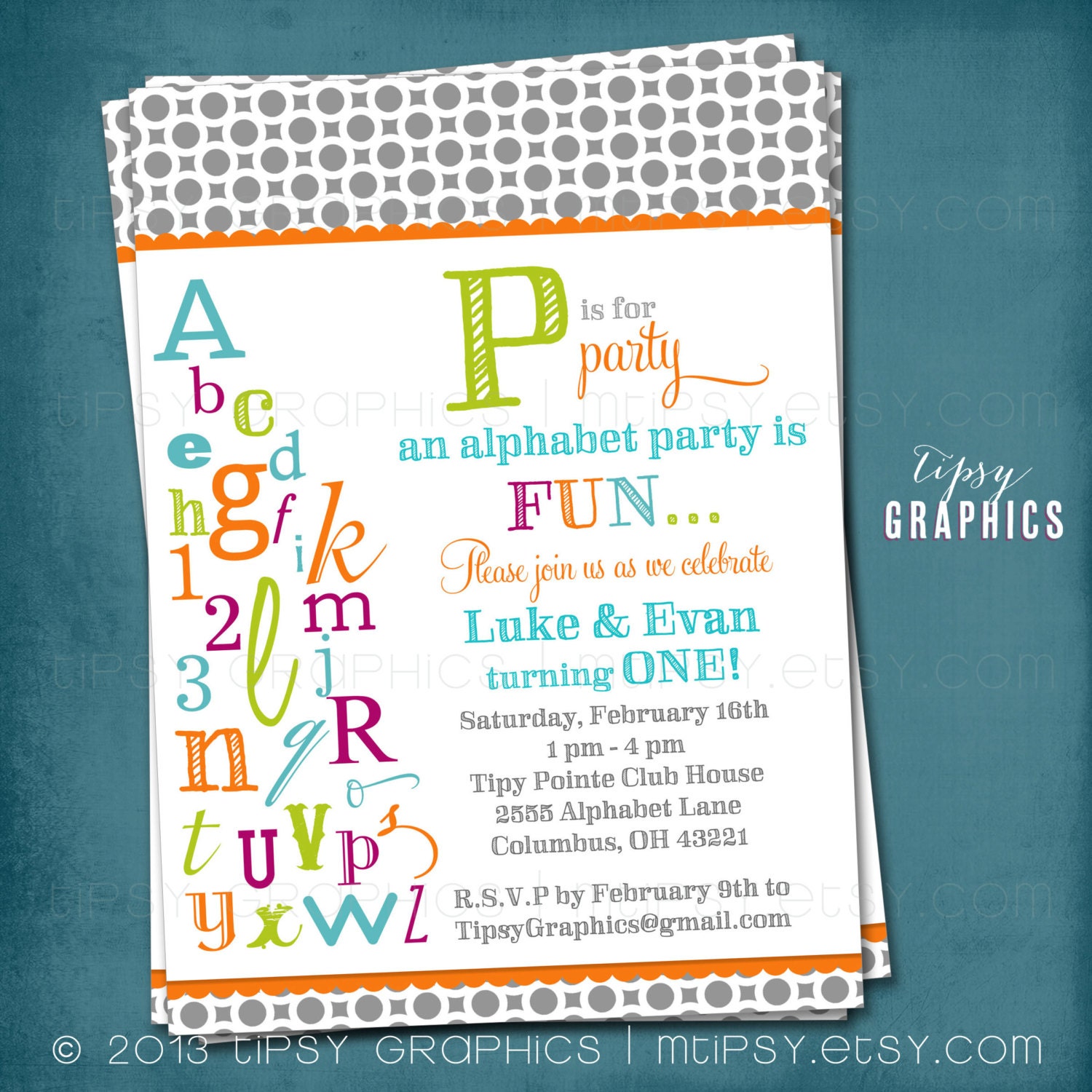P is for Party. ABC Colorful Alphabet Birthday Party Invitation. Any colors and text by Tipsy Graphics Il_570xn