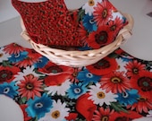 Red Blue White Floral Reversible  Basket Liner For Bread Rolls Crackers Chips & 12 -  12" x 12" Coordinating Floral  Napkins