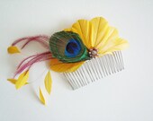 Peacock Headpiece - Peacock Fascinator - Yellow Peacock Bridal Fascinator - Yellow Peacock Bridal Hair Comb - Peacock Bridesmaid Headpiece