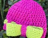 Pink and Lime Green Beanie, Baby Girl Hat, Bow Hat, 100 Percent Cotton, Hot Pink, Lime, Easter Hat, Crochet Beanie, Newborn, bow, beanie,