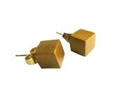 Wood Cube Ear Studs Gold