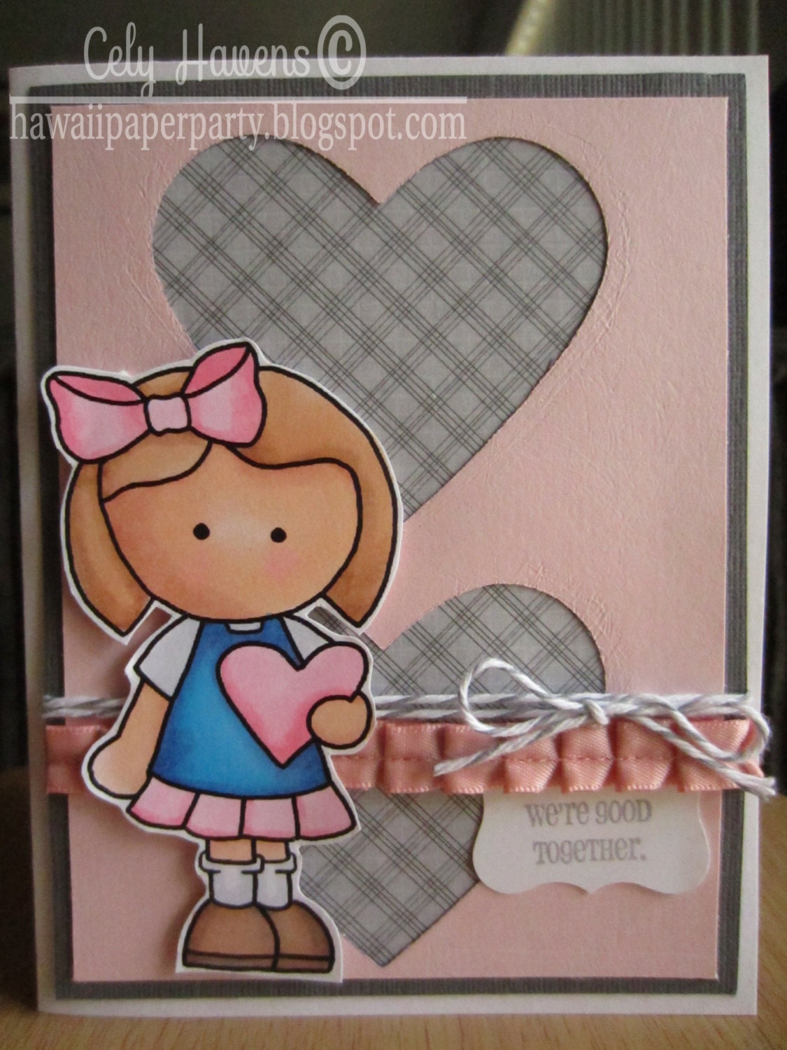 Handmade Love Anniversary Card Hand Colored Copic Markers Hand Stamped Thinking of You Girl with Heart