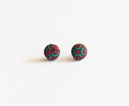 Going Places - upcycled vintage Christian Dior necktie - Repurposed Covered Button Earrings - red and green - post earrings
