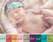 Triple Medalion tieback halo headband newborn portraits custom colors with faux pearl accent
