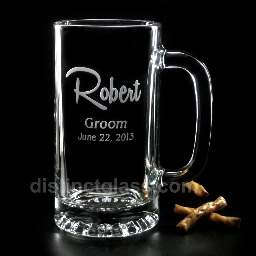 Set of 6 Groomsman Gifts - 6 'Robert Script' WEDDING BEER MUGS - Custom Etched Beer Mugs, Father of the Bride / Groom - 16oz