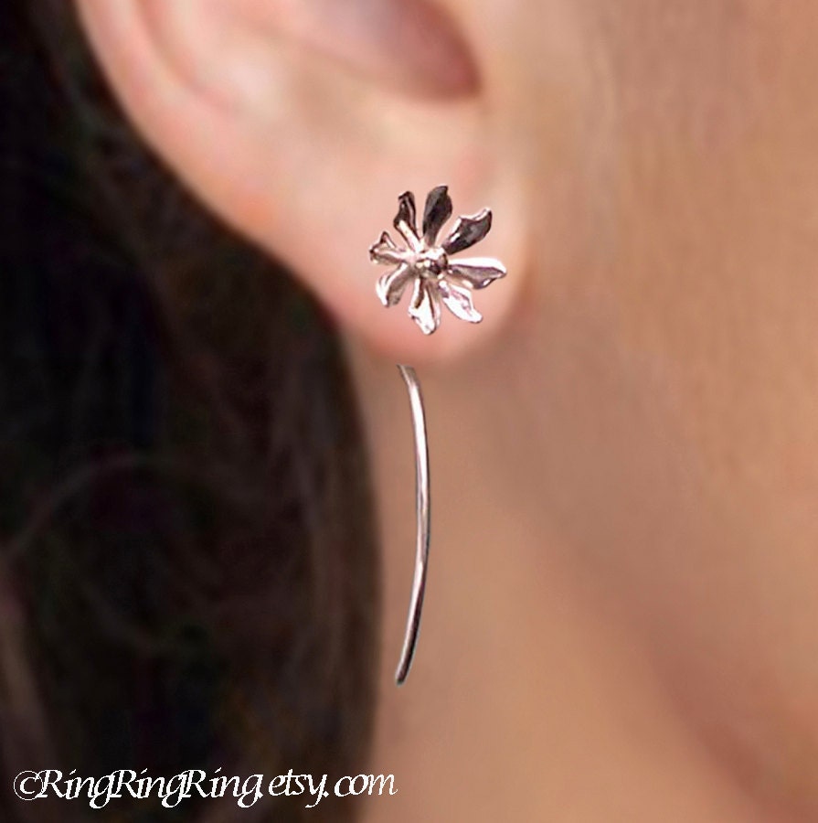 925 Wild flower long stem - sterling silver earrings studs - unique, Jewelry gift for girlfriend 051113