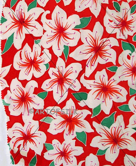 Packed Lilies Heads on Red ground Textile Design on silk