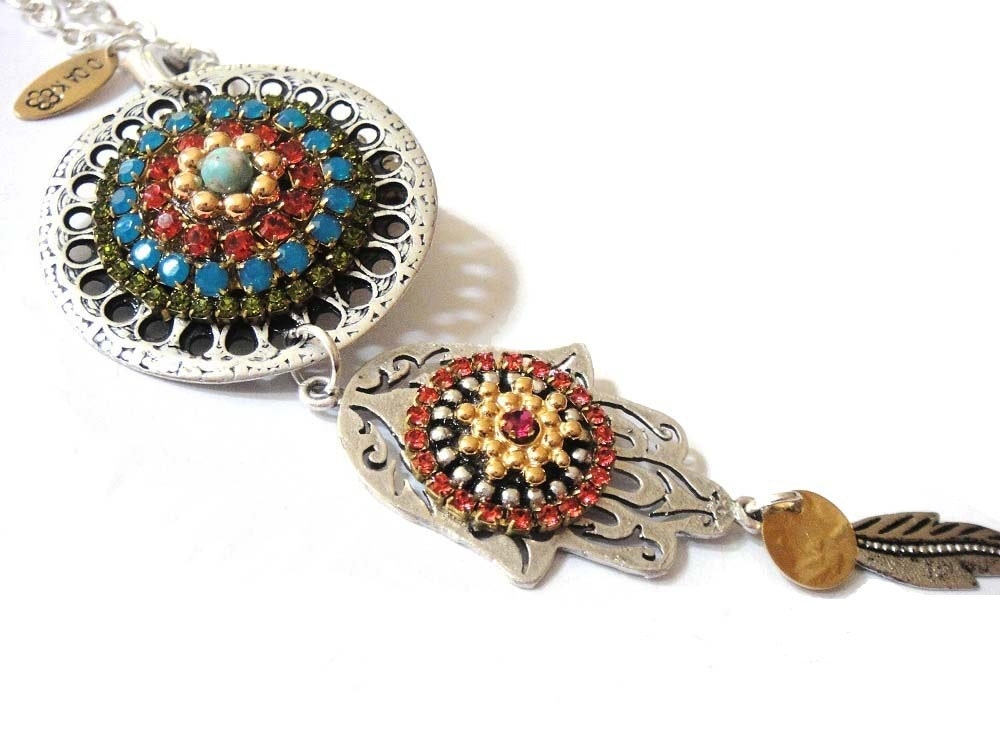 Hamsa hand necklace - long silver plated hand of fatima pendant necklace with Swarovski rhinestones