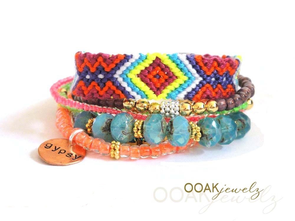 OOAKjewelz original multiple strands gypsy bracelet in neon tones with handstamped charm - neon jewelry - neon bracelet - hippie jewelry