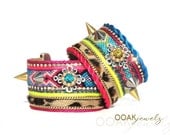 Spikes cuff - neon friendship bracelet cuff with leopard hair on hide leather - neon jewelry - statement cuff - boho chic jewelry