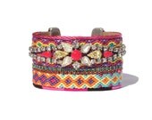 Friendship bracelet cuff with vintage rhinestone bracelet Swarovski and neon pink details - neon jewelry - bohemian hippie - statement cuff
