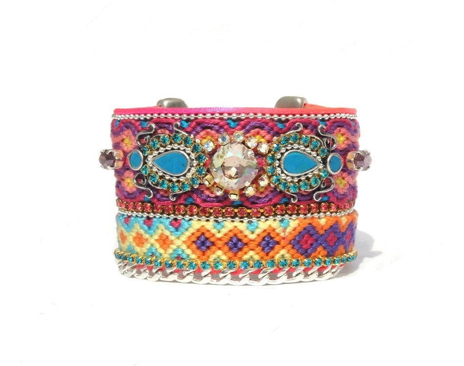 Tribal style friendship bracelet cuff - hippie jewelry - tribal jewelry - embroidery cuff - boho chic cuff - tribal cuff -  bohemian jewelry