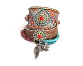 Indian gypsy queen - bohemian hippie - ribbon studs and swarovski rhinestones - wide cuff bracelet - orange and turquoise statement jewelry