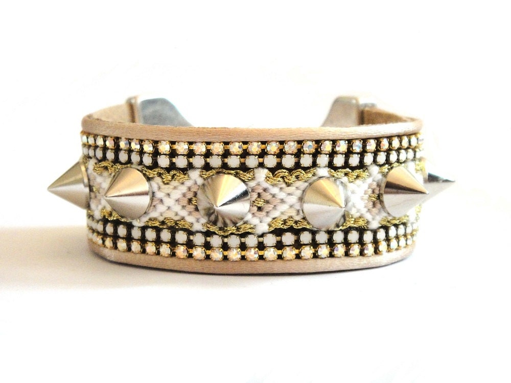 SS2013 Friendship bracelet cuff Spikes series - Nude spike bracelet - white and gold - nude friendship bracelet - bohemian hippie jewelry