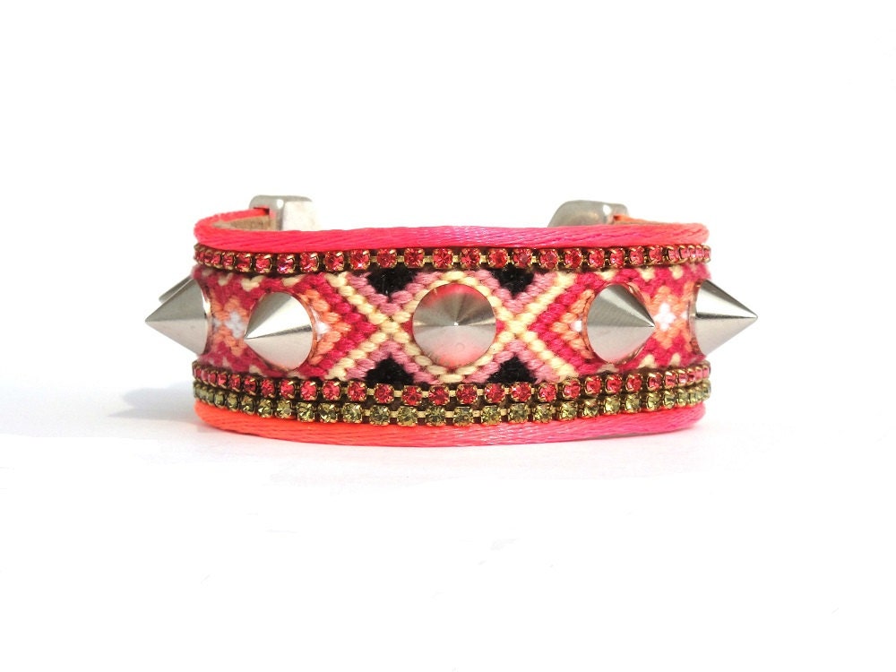 Neon tangerine friendship bracelet spikes cuff - OOAKjewelz original SS2013 collection - neon bracelet - hippie jewelry - coral bracelet