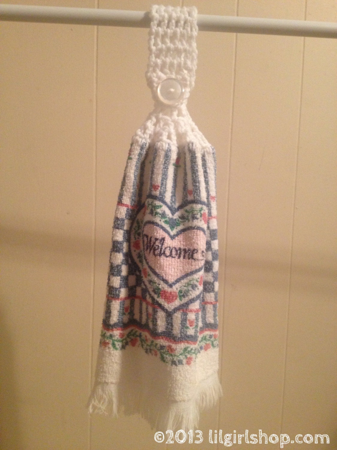 Kitchen Hang Towel made by Chloe's Oma - crochet country rose blue WELCOME