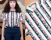 Vintage 90s Striped Floral Print Short Sleeve Shirt Large