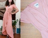 Vintage 70s Flutter Sleeve Maxi Wrap Dress Small