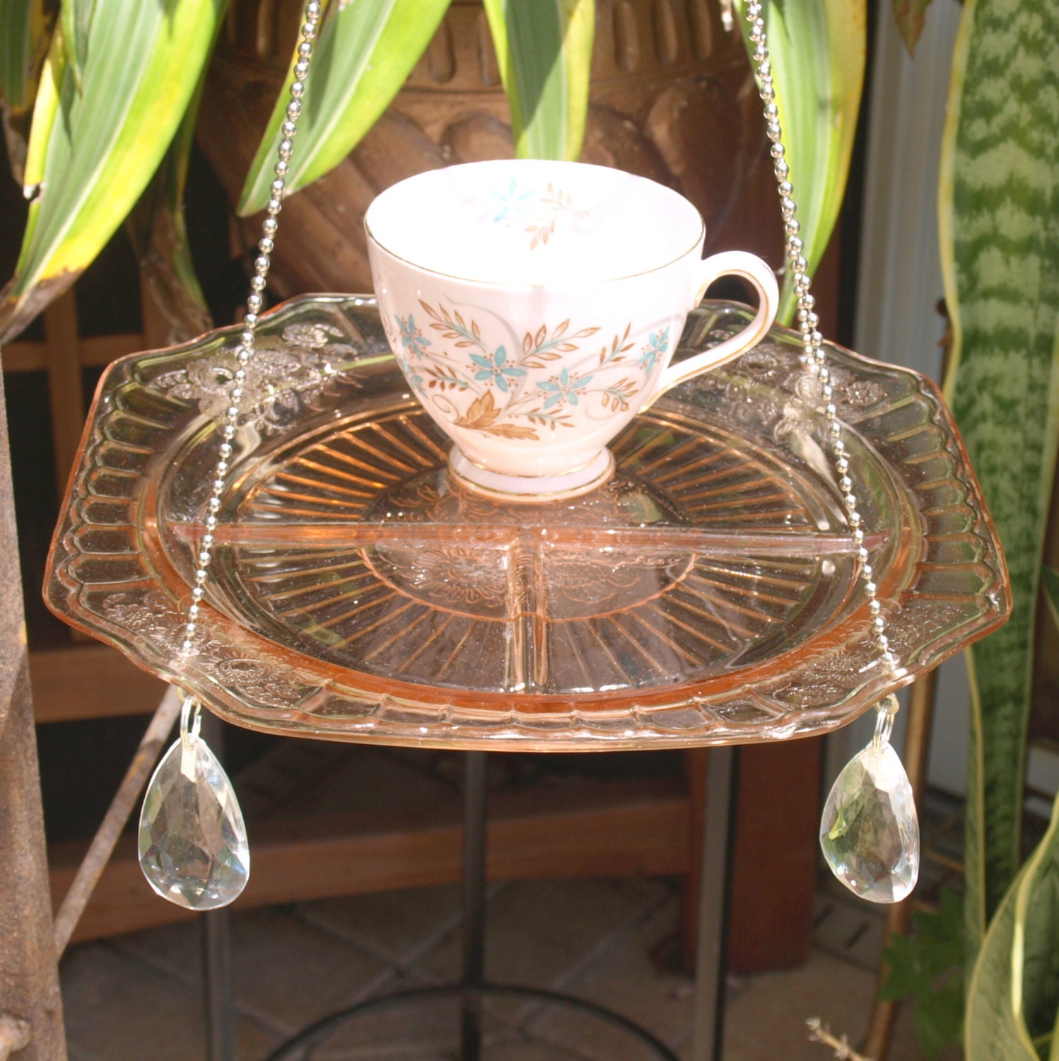 Vintage Depression Glass Divided Dish PinkTea Cup Hanging Bird  Feeder Glass repurposed