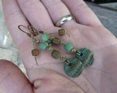Tribal Teal and Brown Ceramic Charm Earrings with Waxed Irish Linen Thread and Indo Pacific Glass on Brass