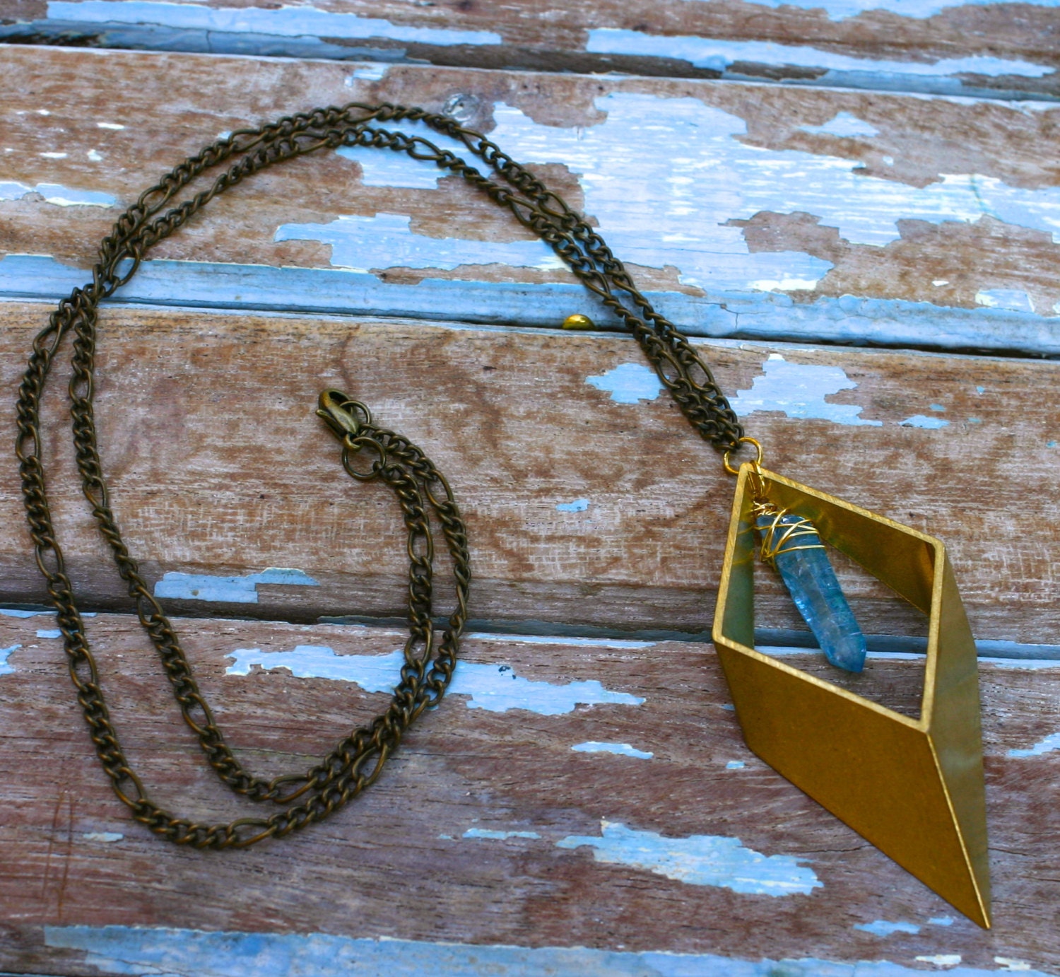 Aqua Aura Quartz Point and Brass Diamond Necklace