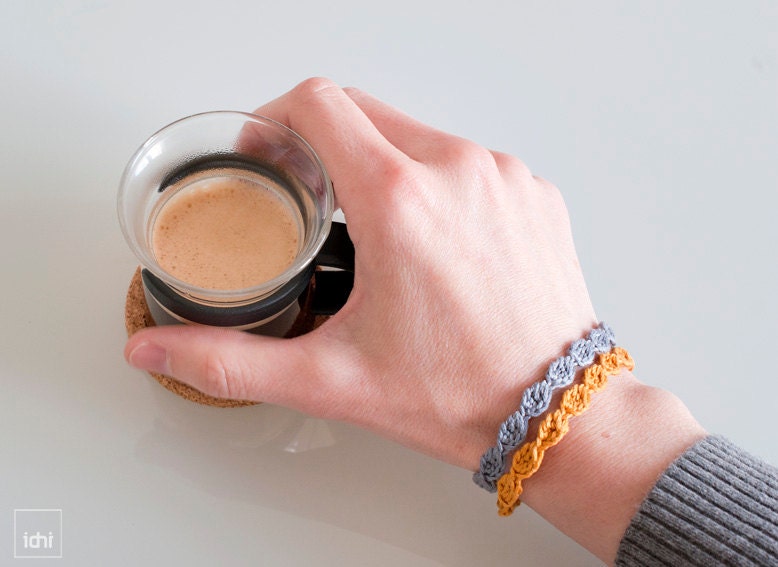 Crochet Bracelet . Grey & Mustard .
