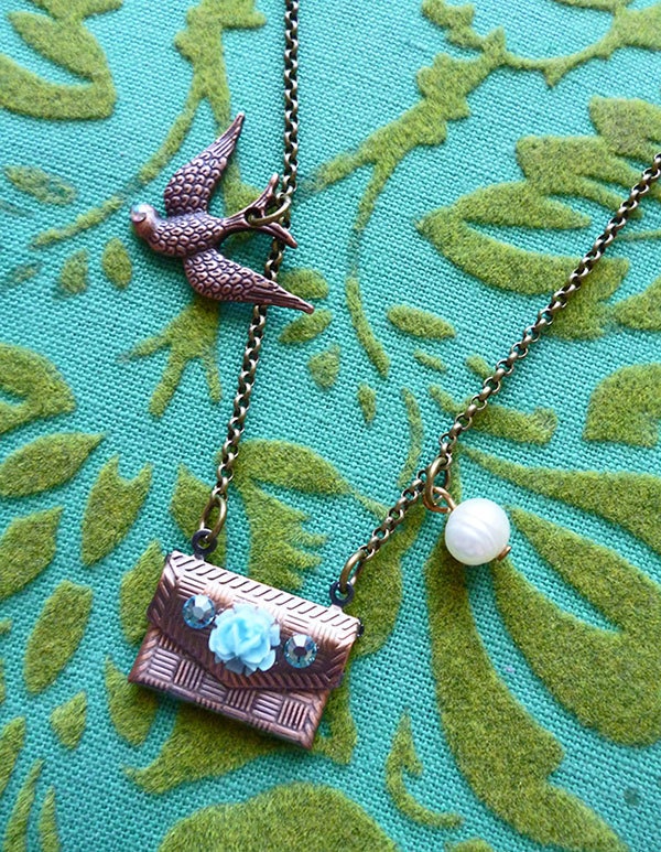 Whimsical Working Envelope Locket Necklace with Flying Swallow and Freshwater Pearl Charms With Vintage Aqua Blue Rose Decoration & Crystal