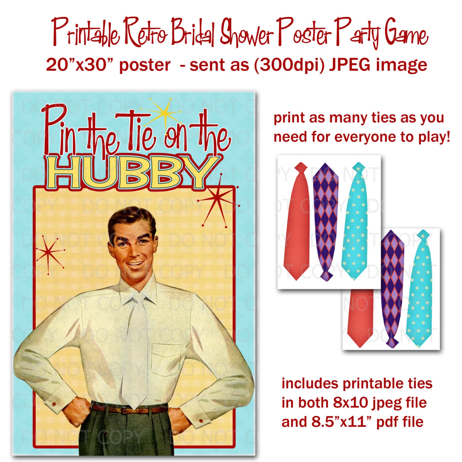 Printable DIY Pin the Tie on Hubby - Retro Housewife Bridal Shower Party Game Poster 20" x 30"