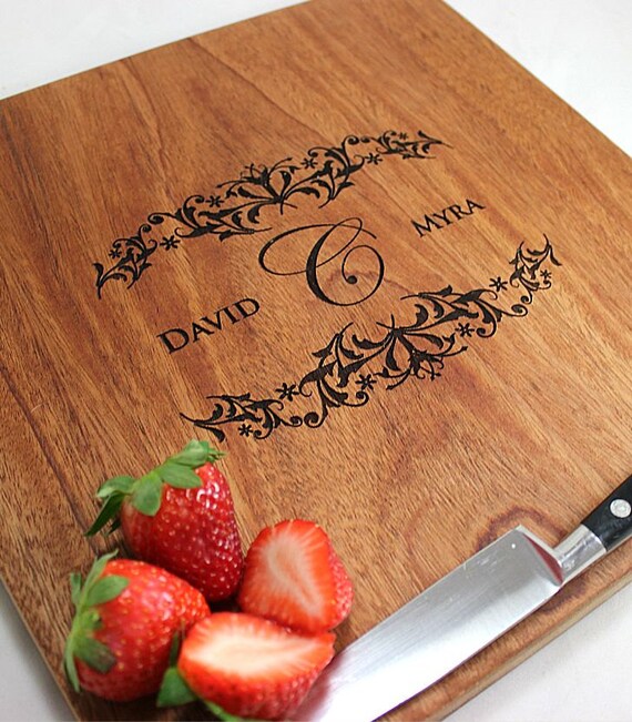 Custom, Personalized Engraved Kitchen Wood Cutting Board - Bride and Groom Names and Monogram - Mahogany Wood - 15" x 9" Il_570xn