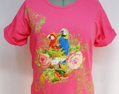 Summer Women's Tee Shirt Custom Paint Stamping and Exotic Bird Floral Fabric Applique Design