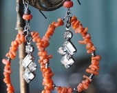 CORAL HOOPS--Vintage Coral French Cut Steel Rhinestone Hoop EARRINGS
