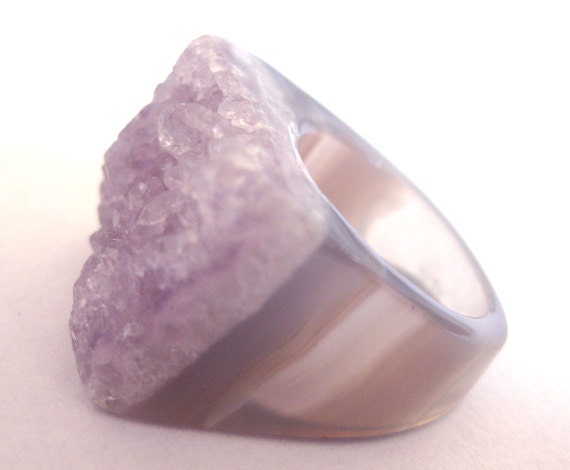 Amethyst and grey Agate sparkle Geode Ring. Rock candy. Size 4.5