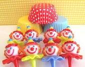 Circus Clown Cupcake Kit. Set of 12 Picks, 24 Liners. Birthday Party, Baby Shower, Picnic, Cupcake Liners Toppers Picks